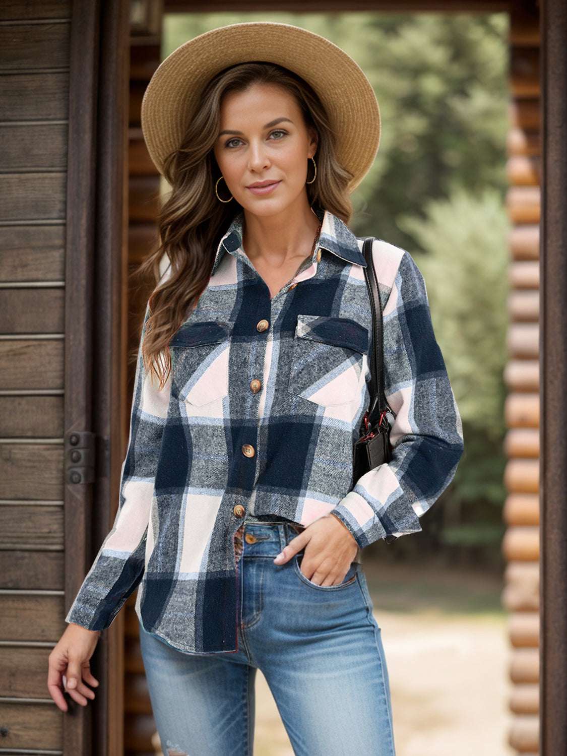 full size pocketed plaid collared neck shacket