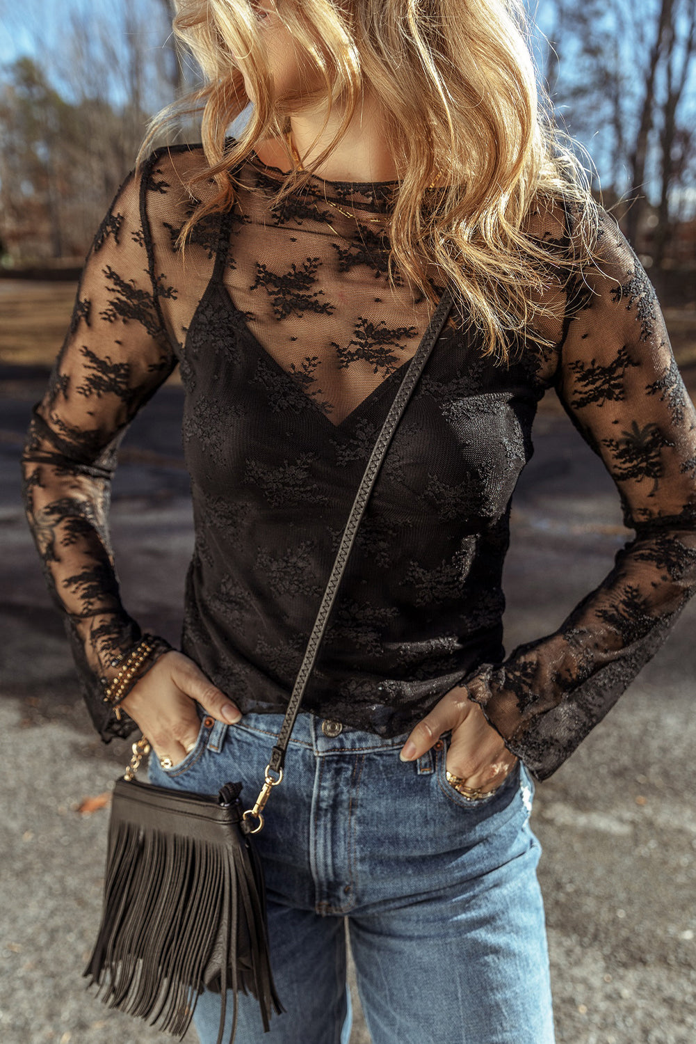 black lace mesh crochet splicing slim fit long sleeve blouse