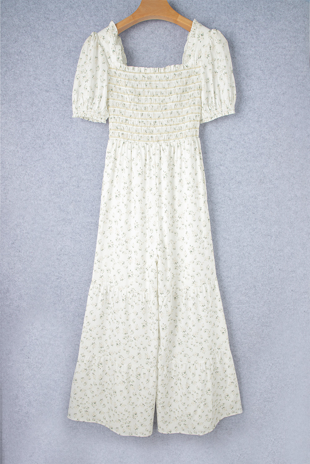 white boho floral smocked wide leg short puff sleeve jumpsuit