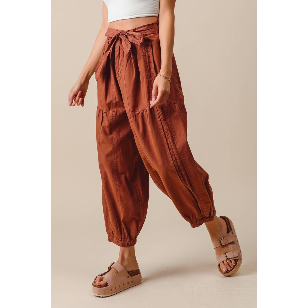 eyelet lace trimmed jogger pants