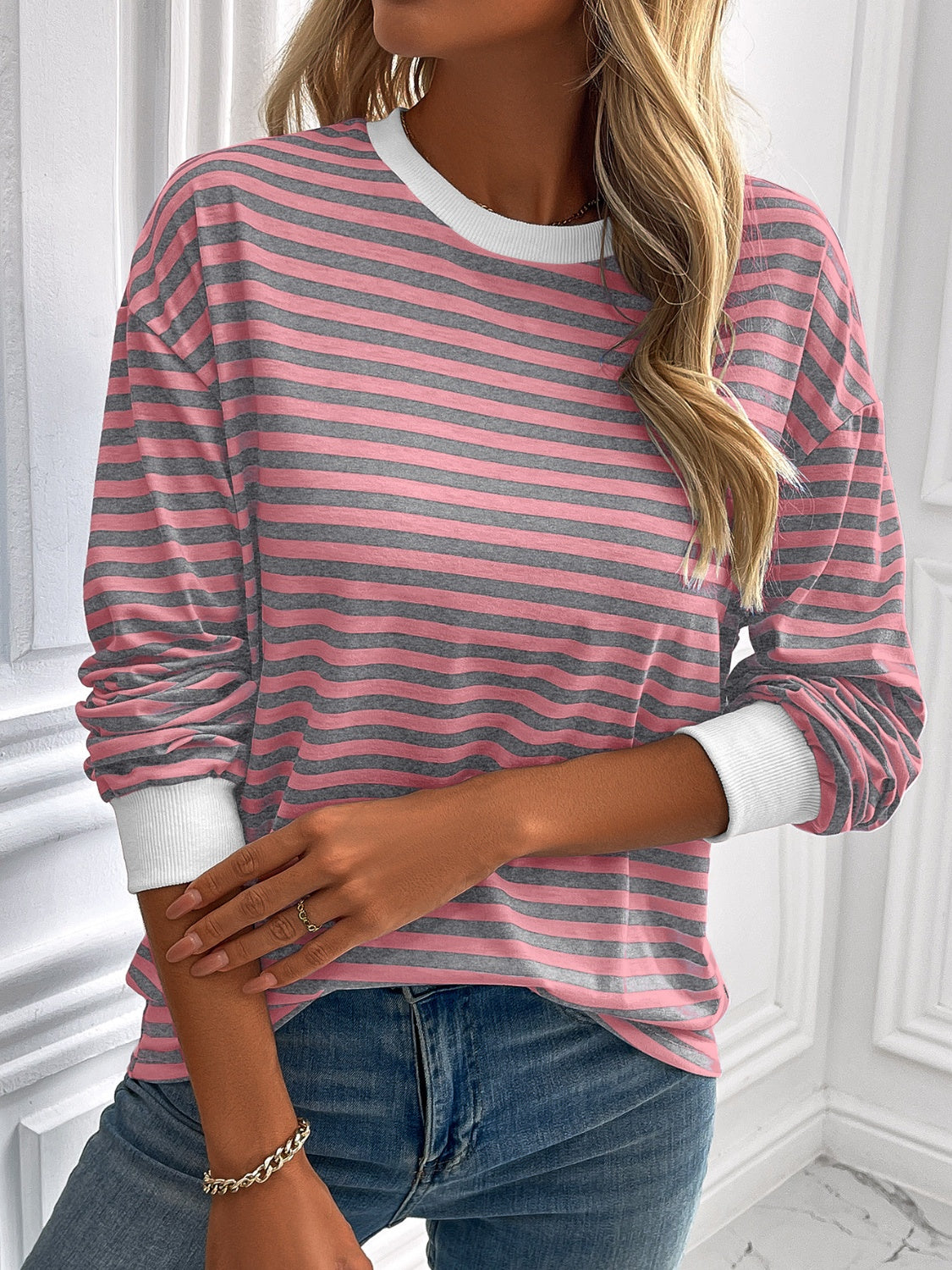 ivy lane striped round neck long sleeve sweatshirt