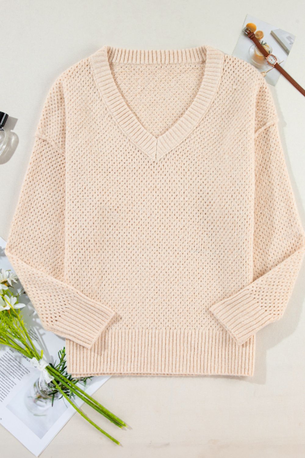 v-neck dropped shoulder long sleeve sweater