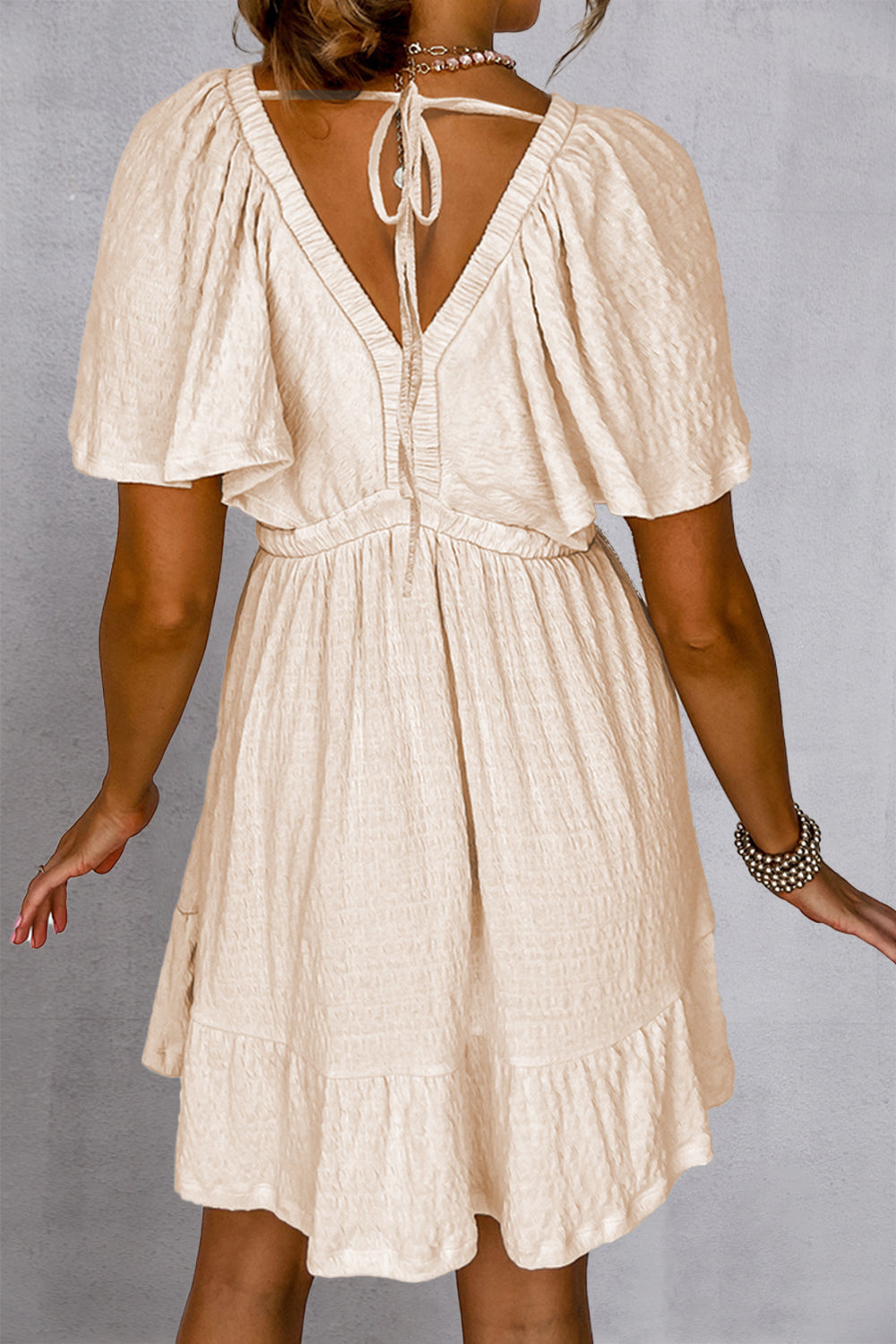 tied v-neck short sleeve mini dress