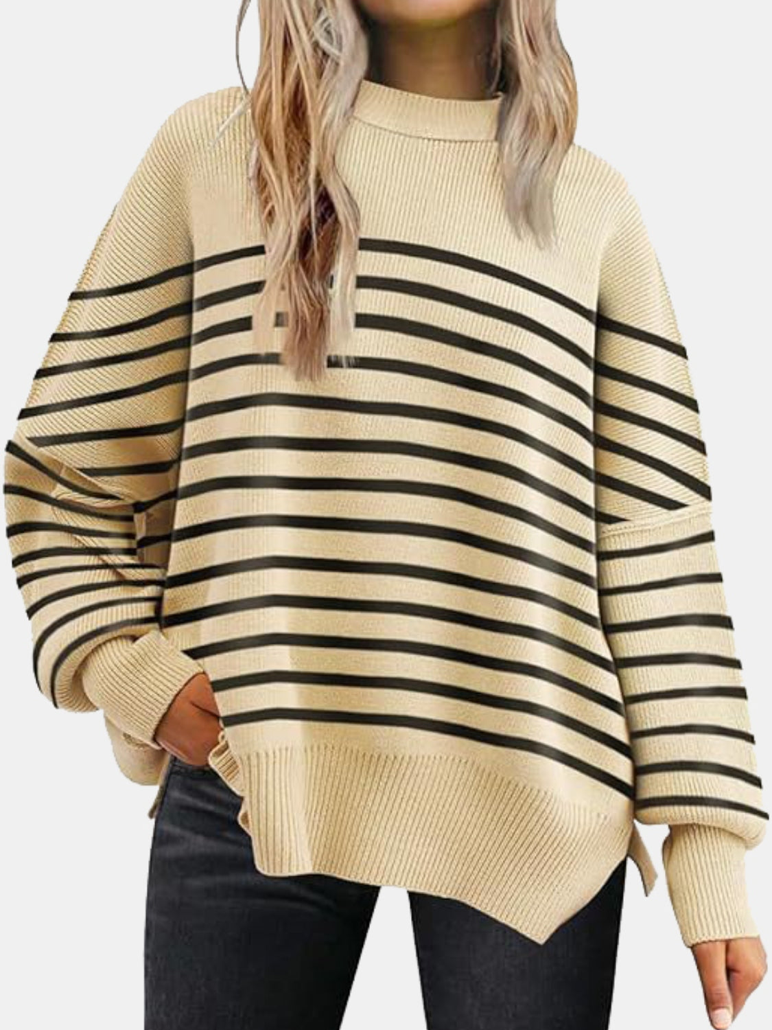round neck drop shoulder slit sweater
