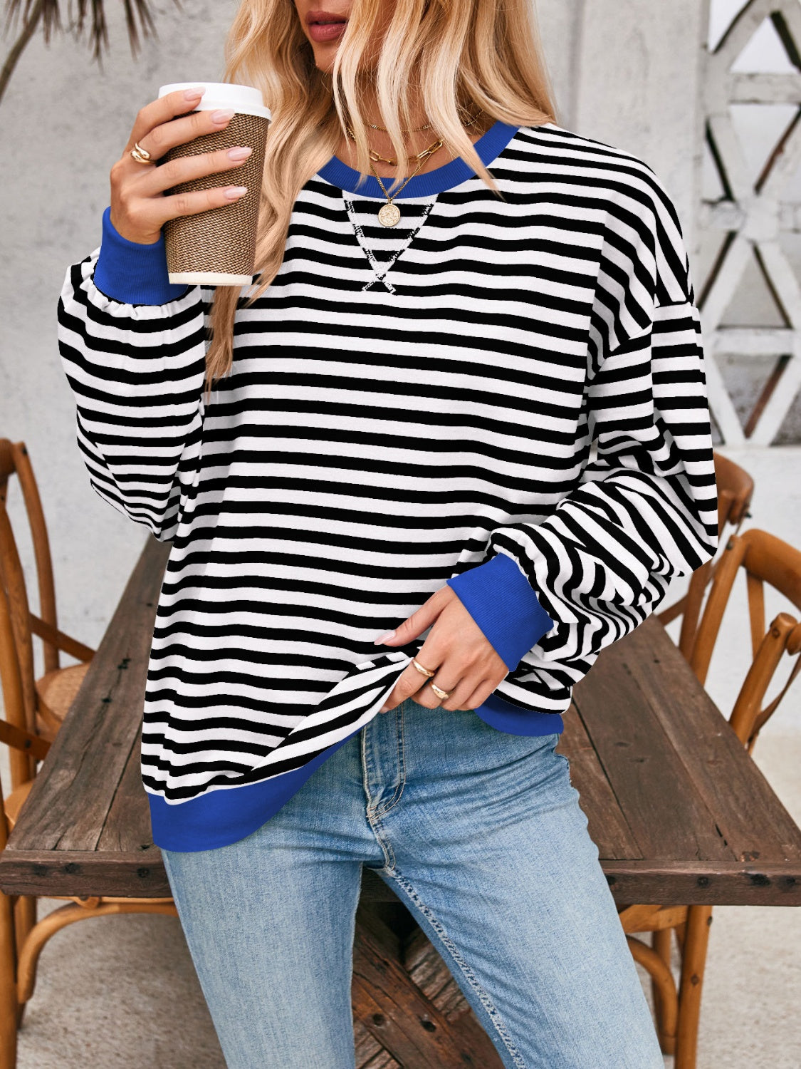 contrast striped long sleeve sweatshirt
