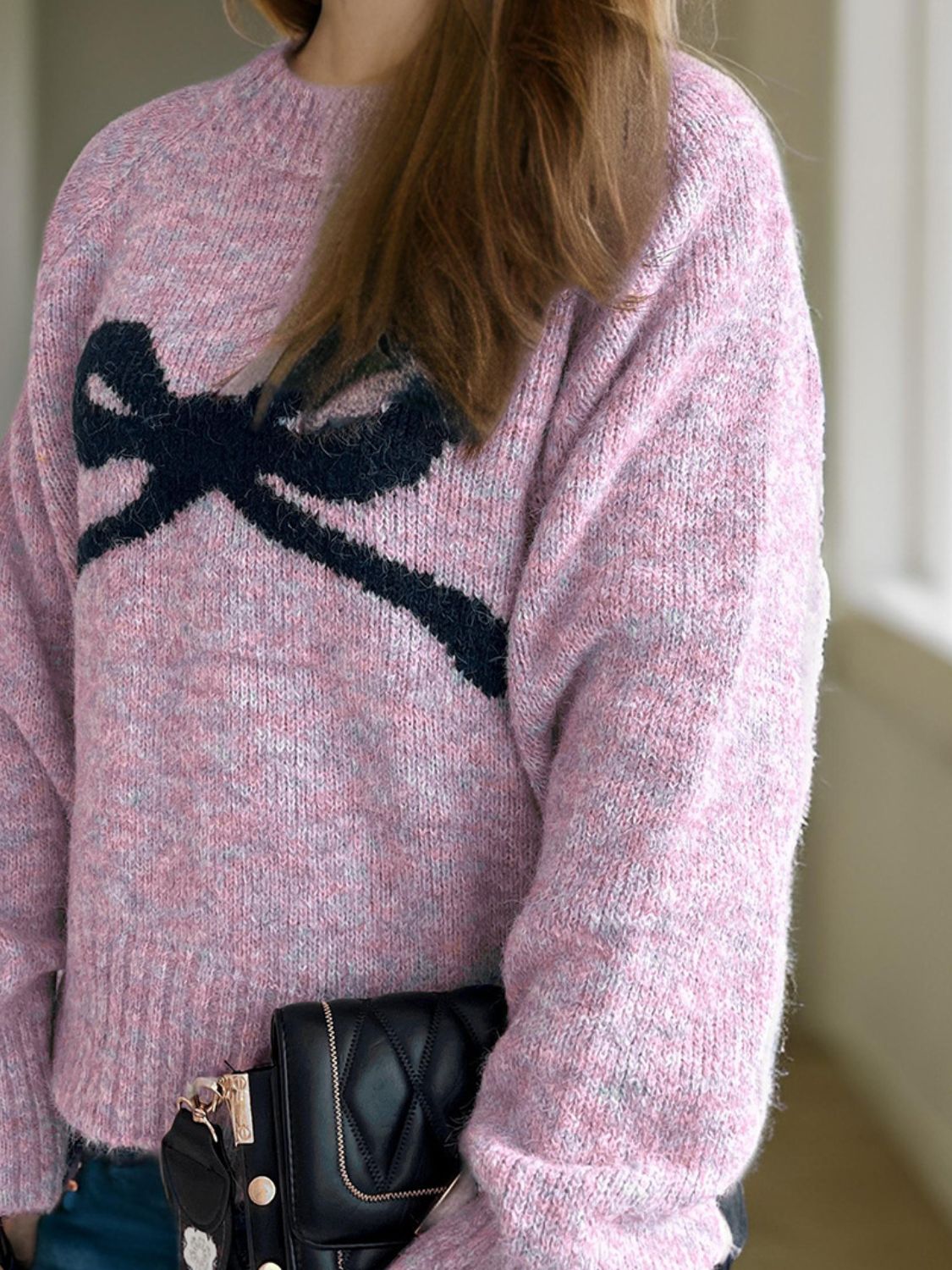 bow round neck long sleeve sweater