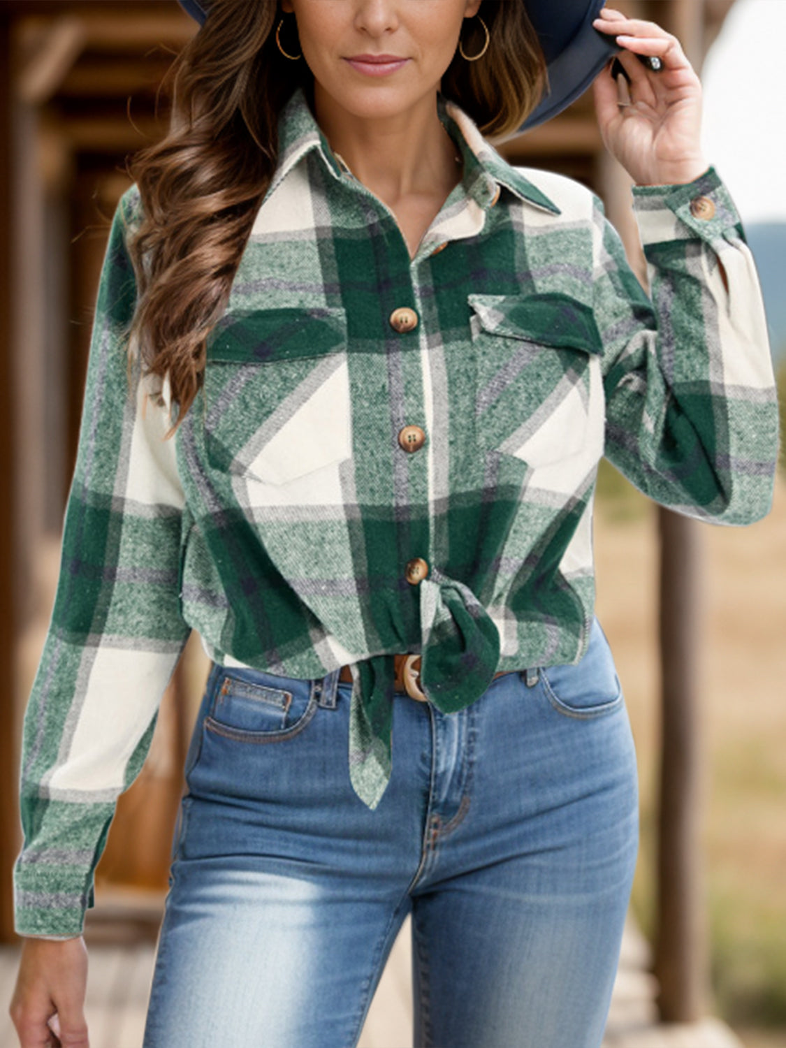full size pocketed plaid collared neck shacket