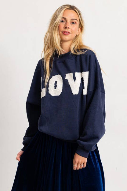 Love Patched Loose Fit Crew Neck Pullover Top
