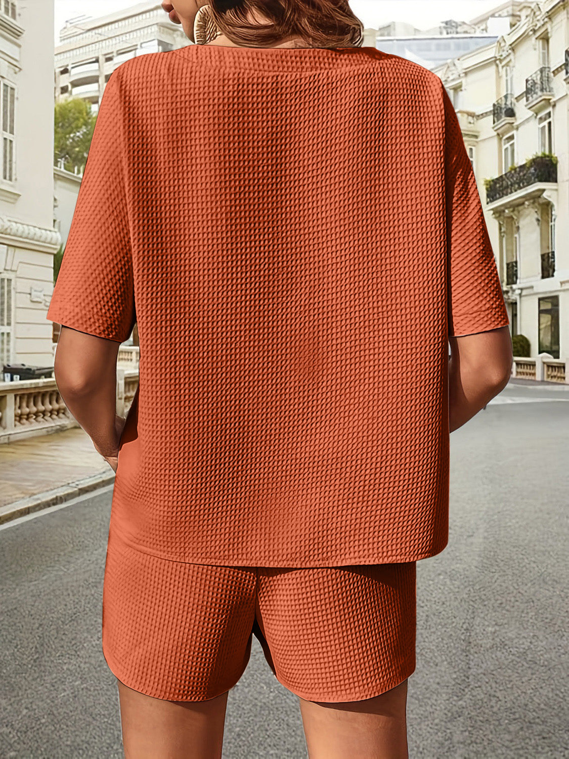 waffle-knit half sleeve top and shorts set