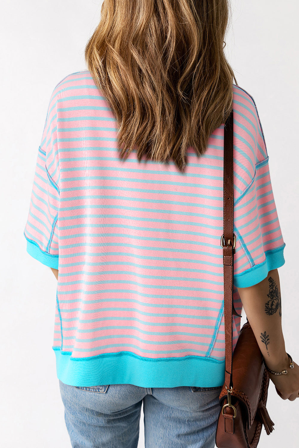 pink stripe oversized contrast trim exposed seam high low t shirt