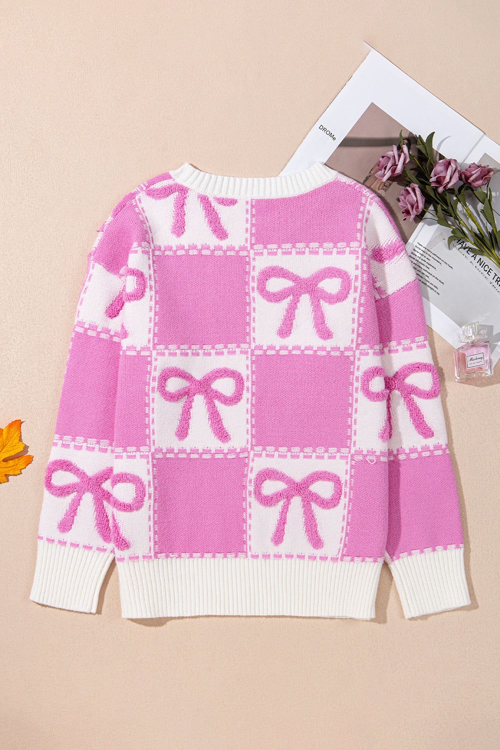 pink bow knot two tone checkered crew neck sweater