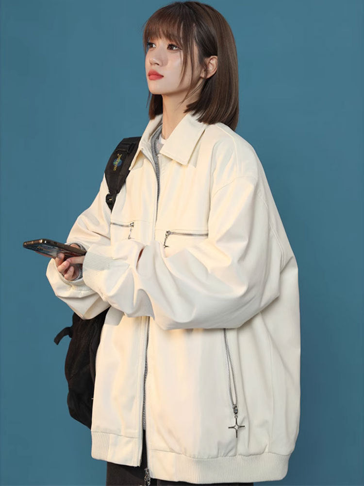 turn-down collar coat women's leather jacket