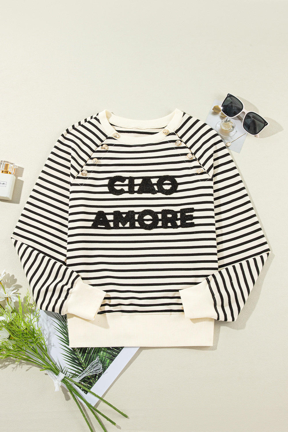 decorative button striped long sleeve sweatshirt