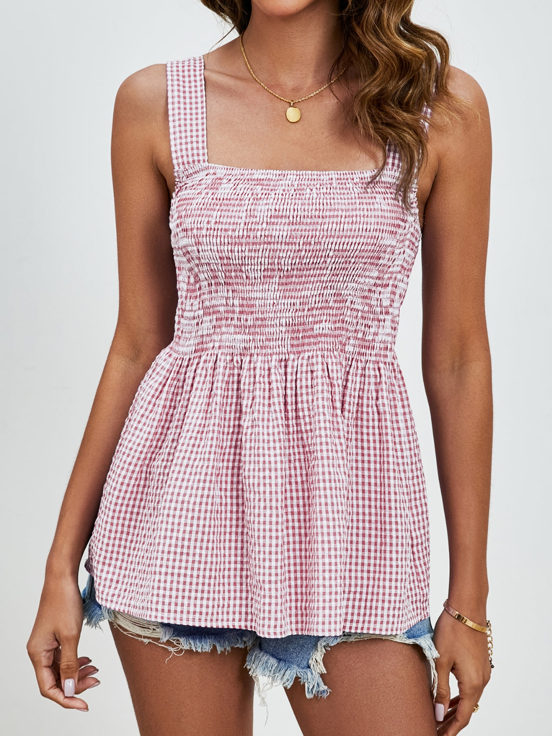 smocked plaid square neck tank