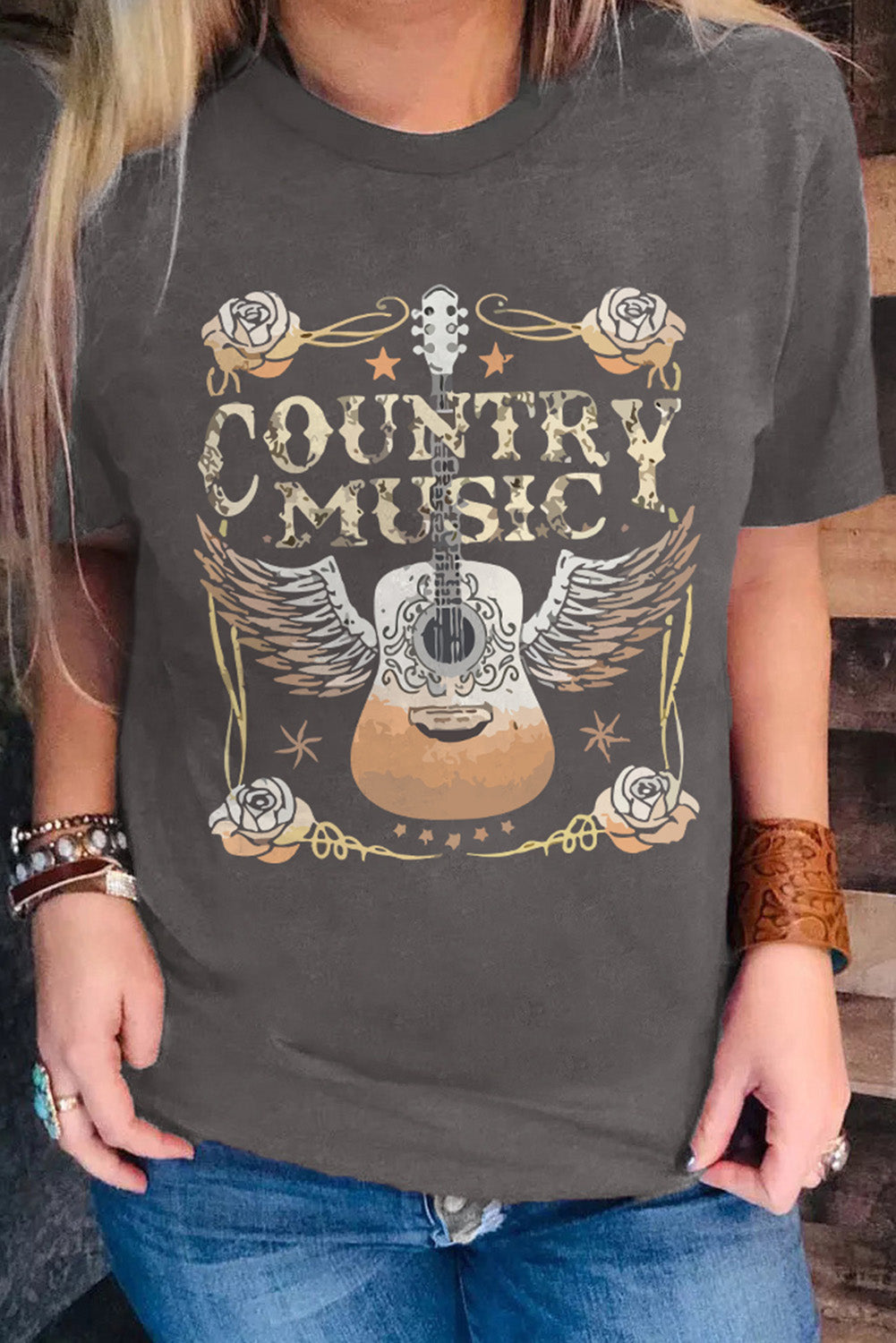 gray country music guitar graphic print crew neck t shirt