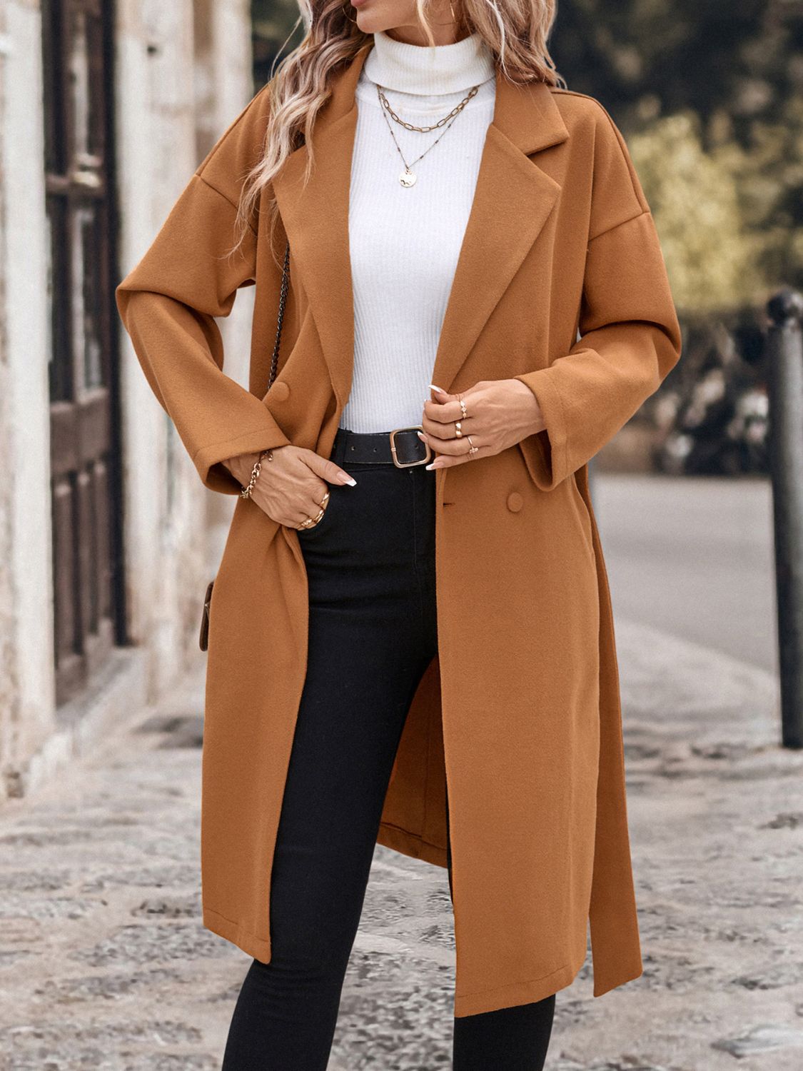 perfee dropped shoulder tie waist coat