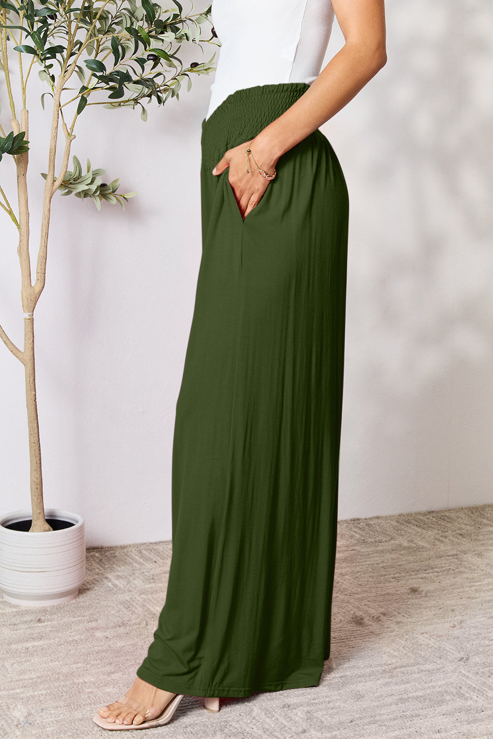 double take full size smocked wide waistband wide leg pants