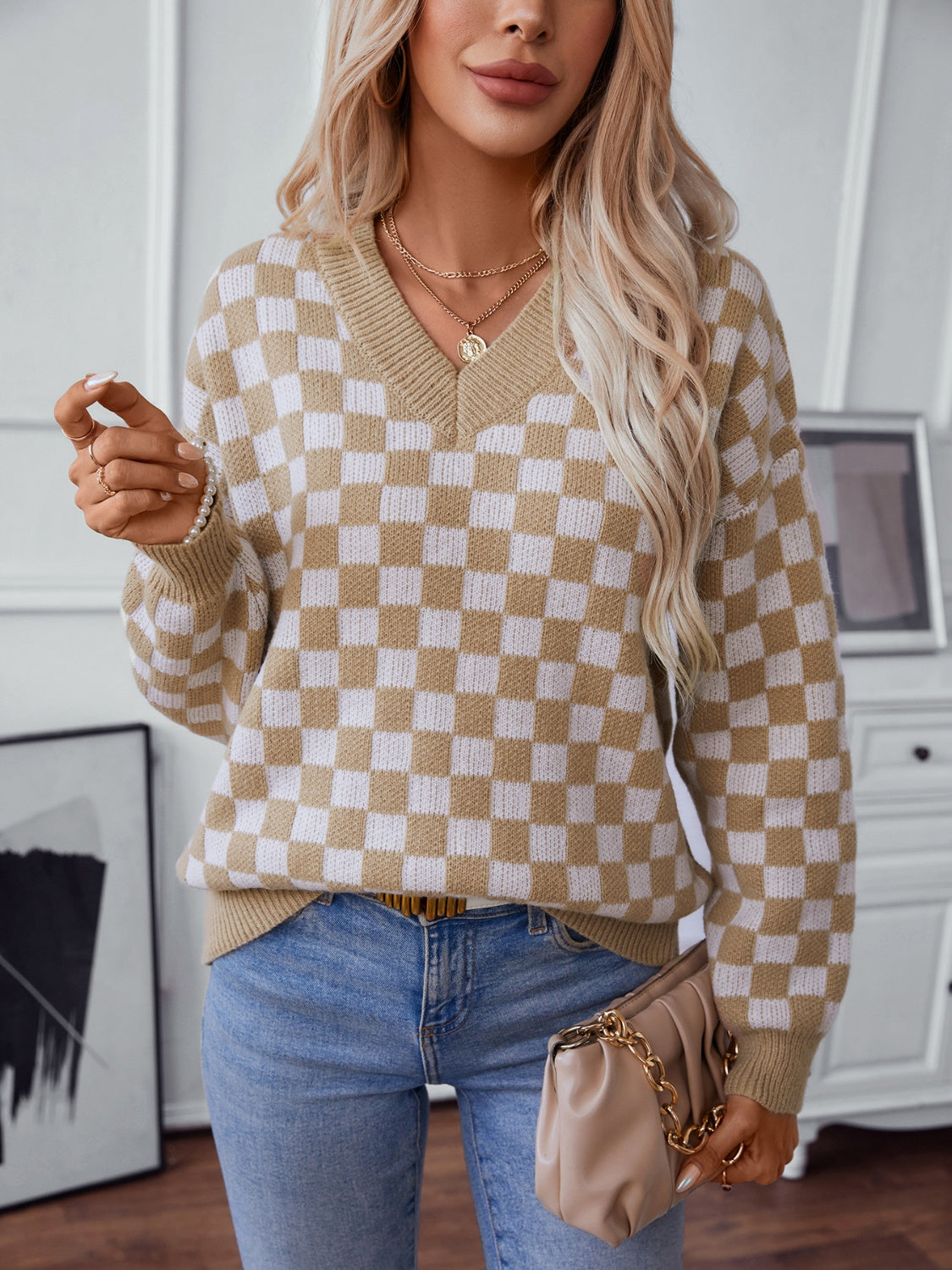 checkered v-neck dropped shoulder sweater