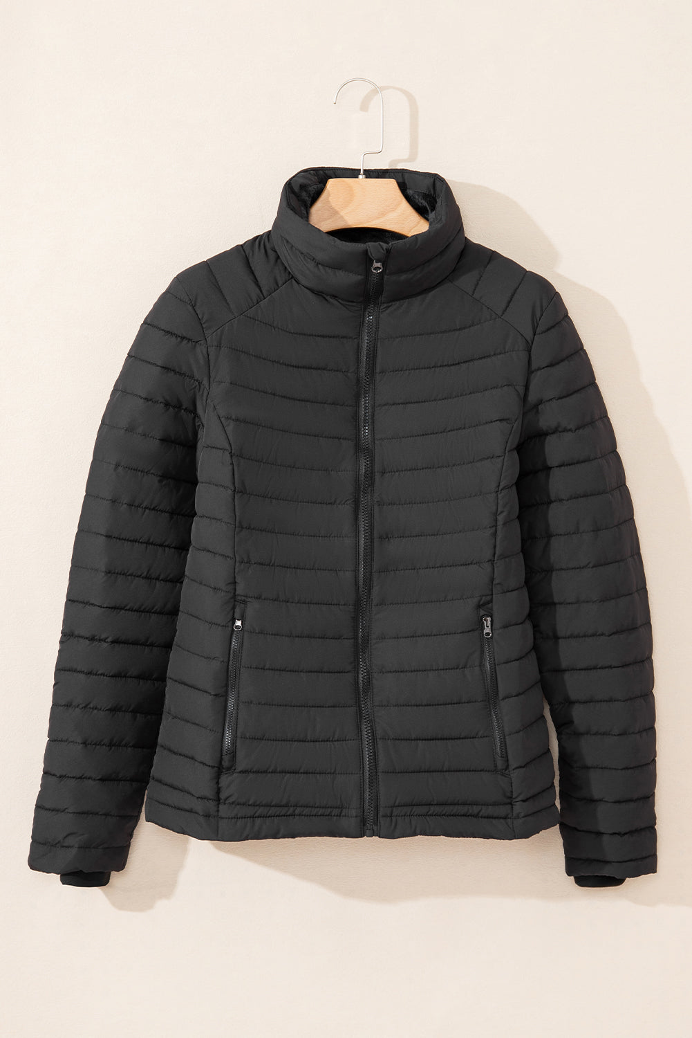 black solid color quilted zip-up puffer jacket