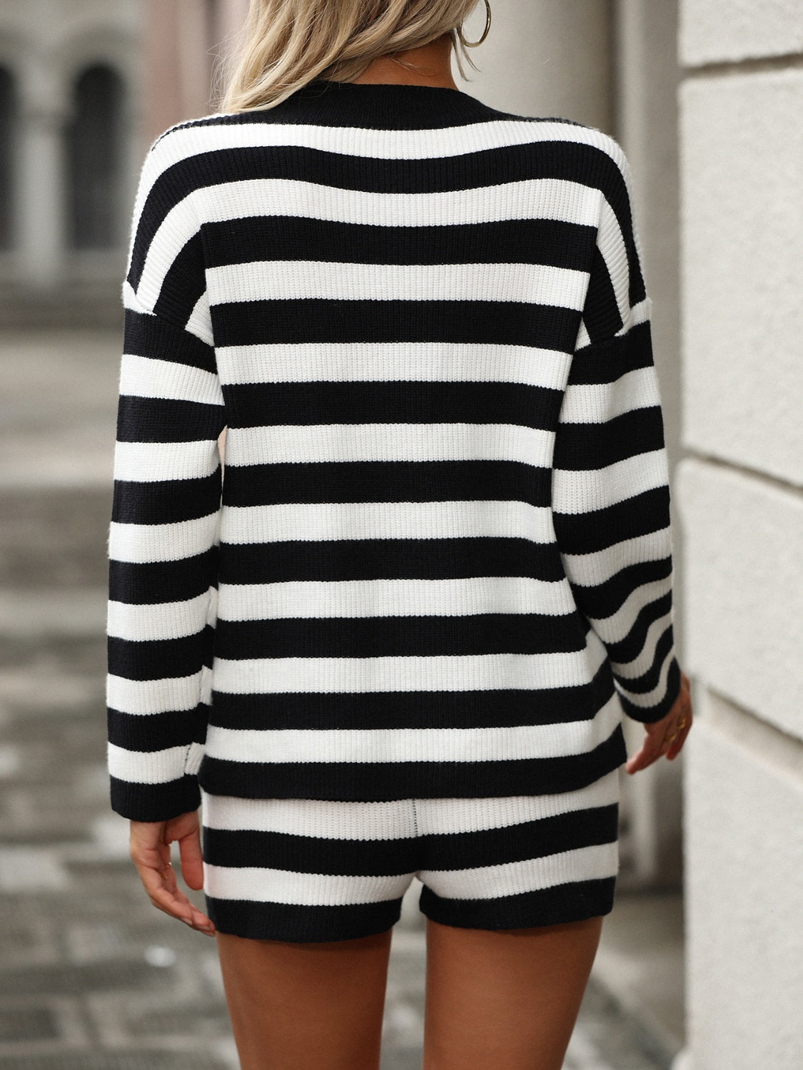 striped round neck top and shorts sweater set