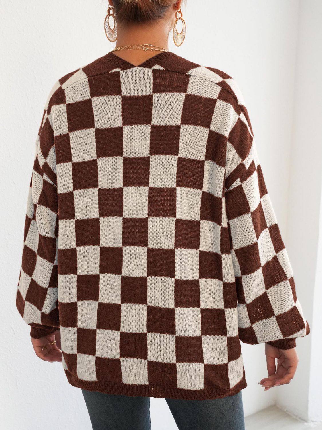checkered open front long sleeve cardigan