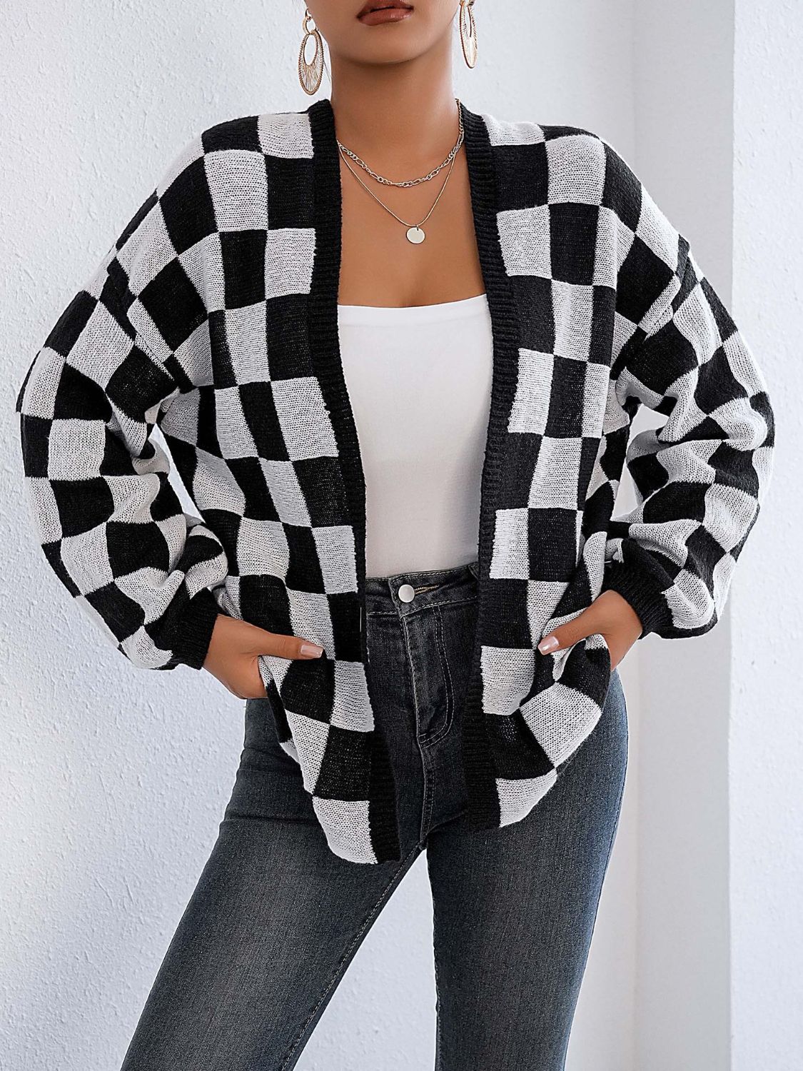 checkered open front long sleeve cardigan