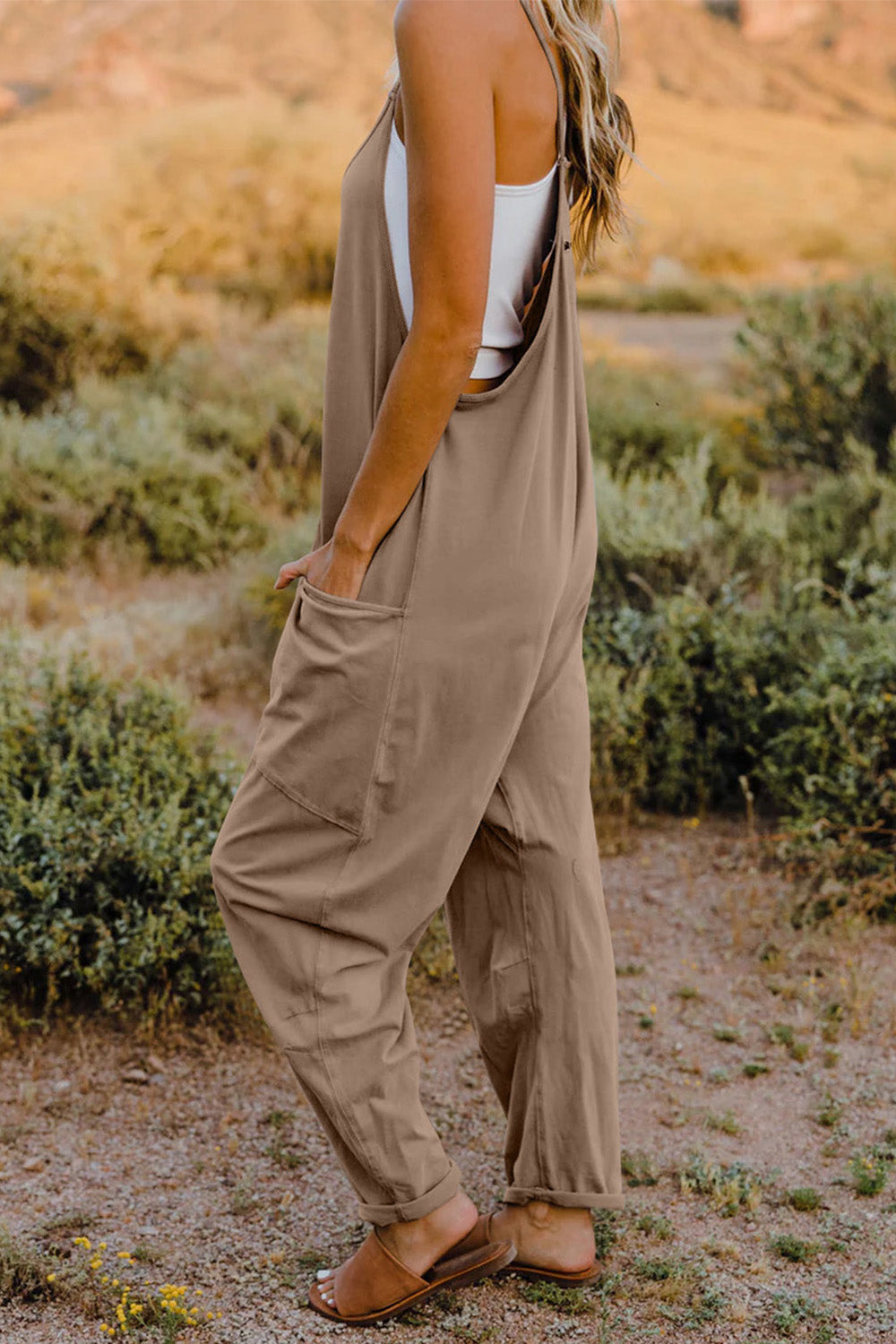double take full size v-neck sleeveless jumpsuit with pockets