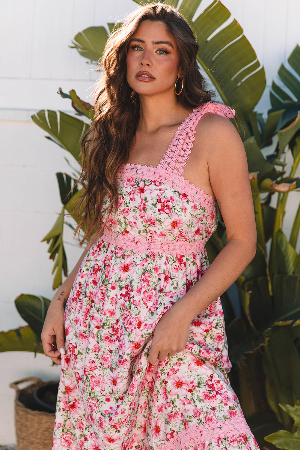 pink floral lace tied strap empire waist maxi dress