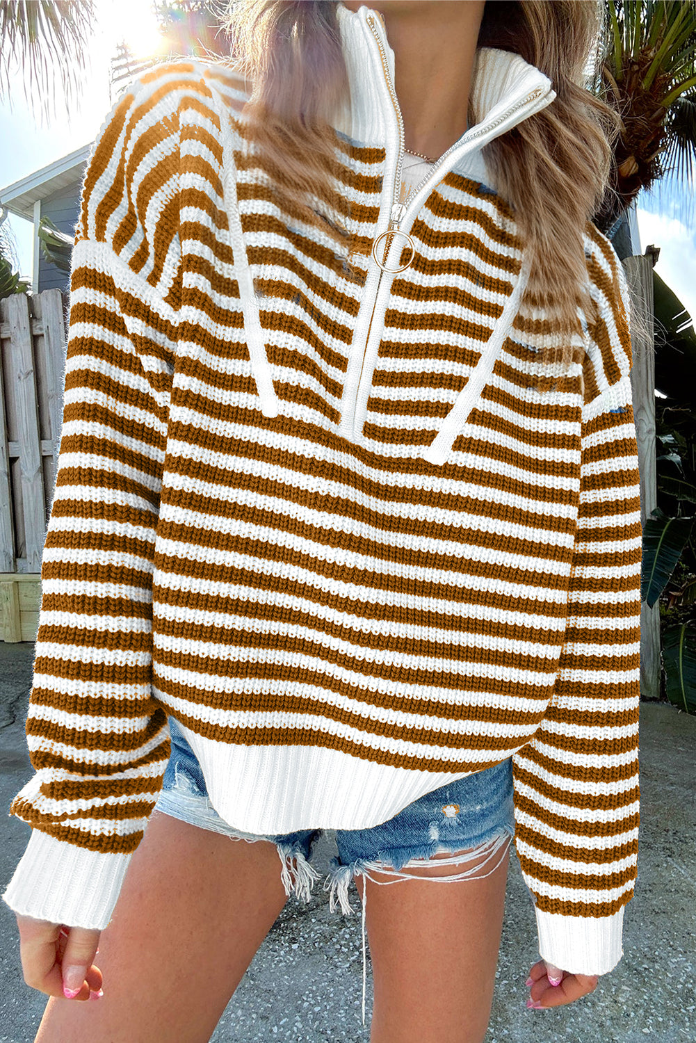 khaki stripe zip up collar drop shoulder sweater