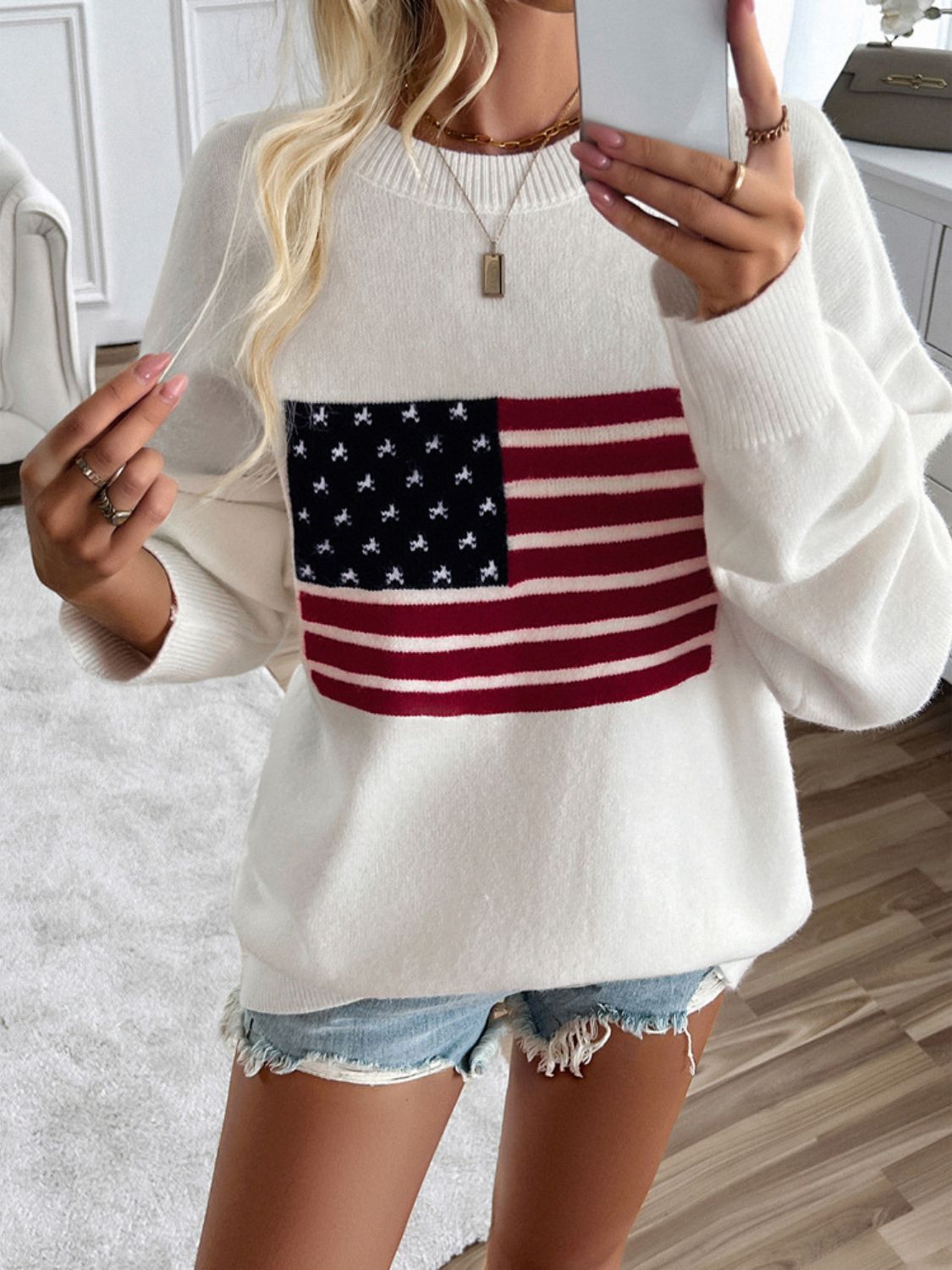 devine us flag round neck long sleeve knit top