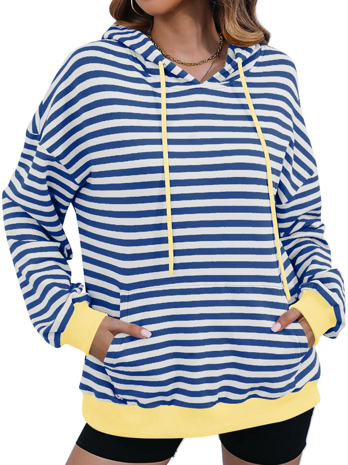drawstring striped long sleeve hoodie