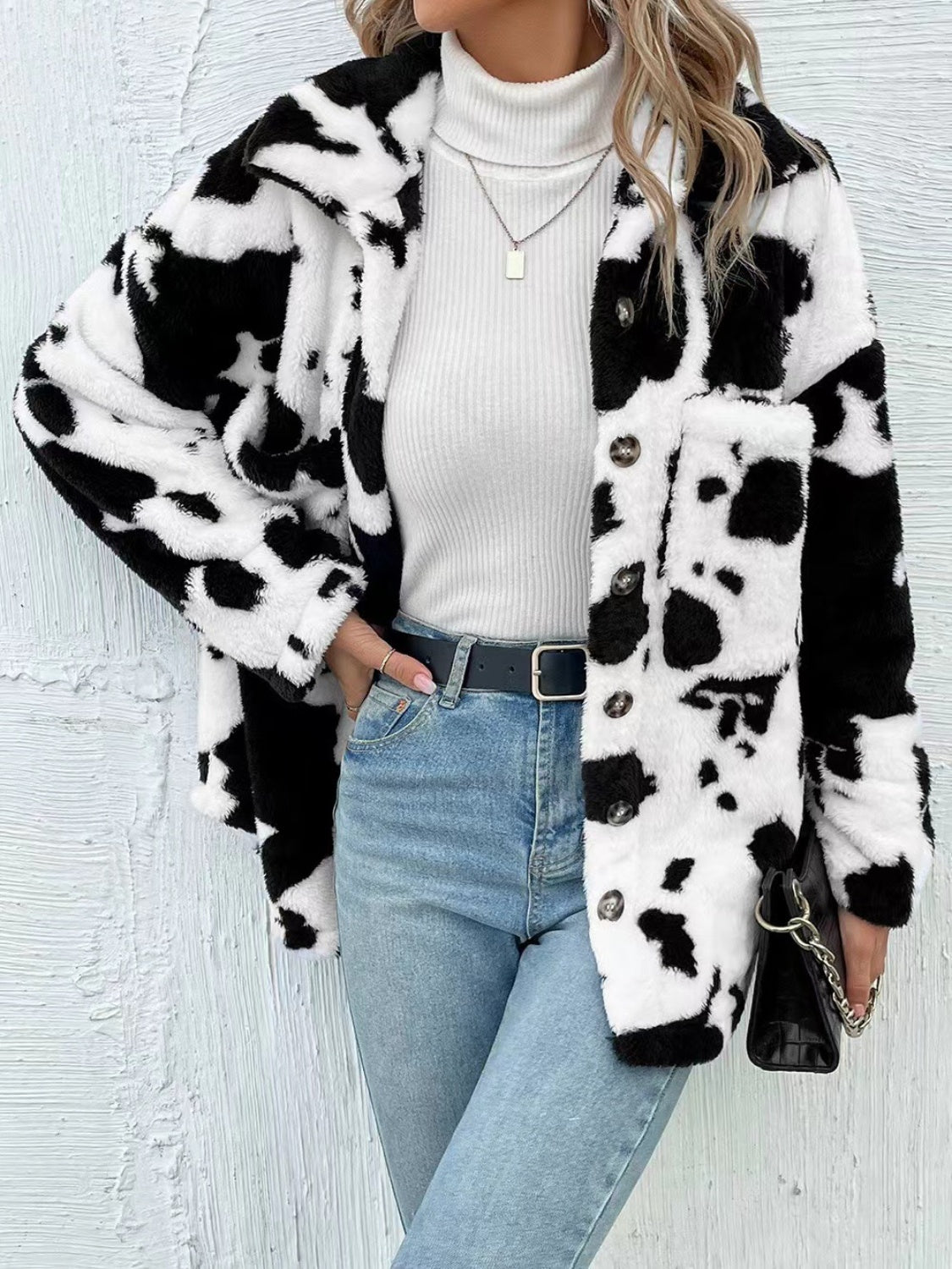 cow print collared neck button up fuzzy jacket