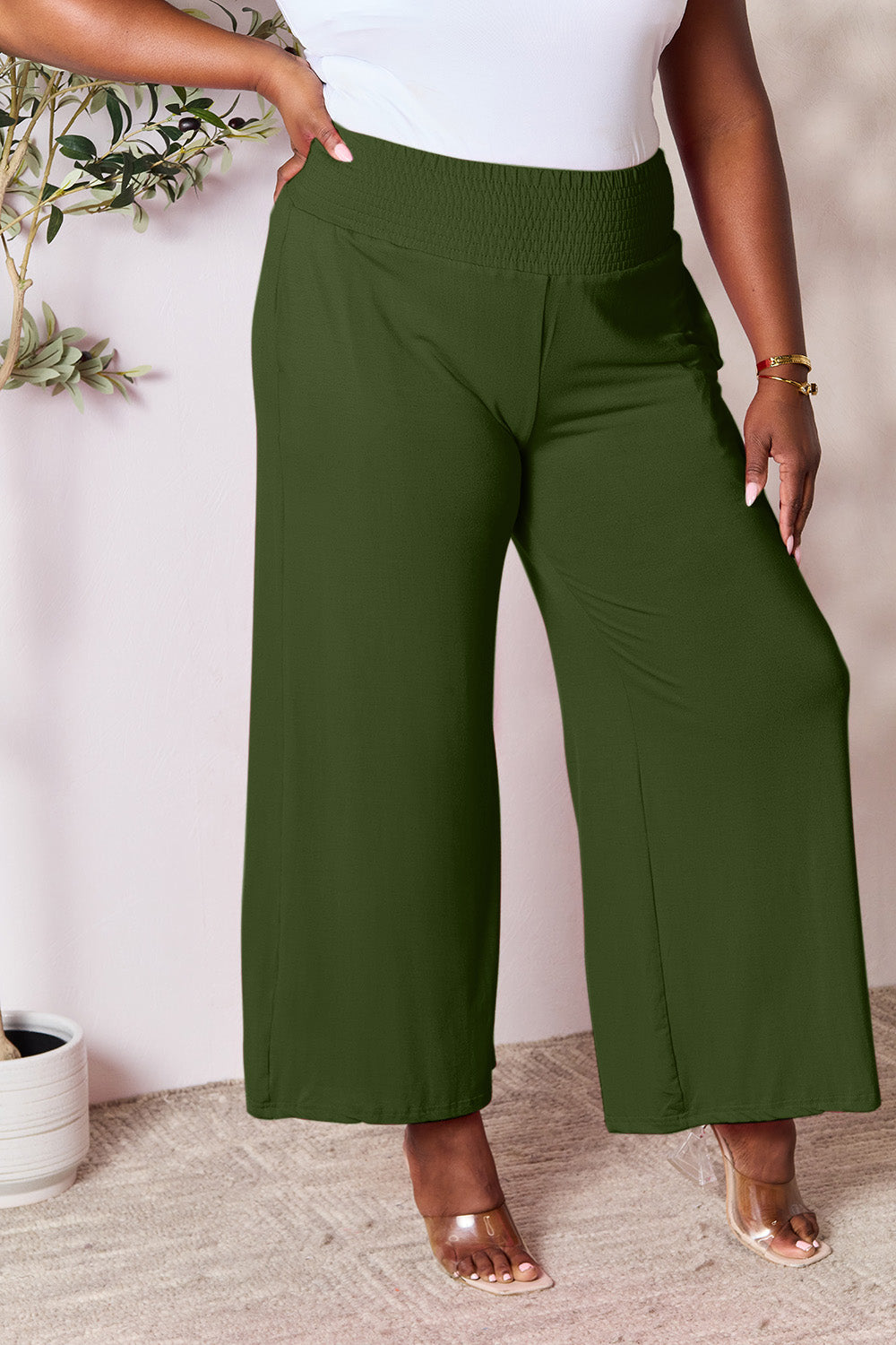 double take full size smocked wide waistband wide leg pants