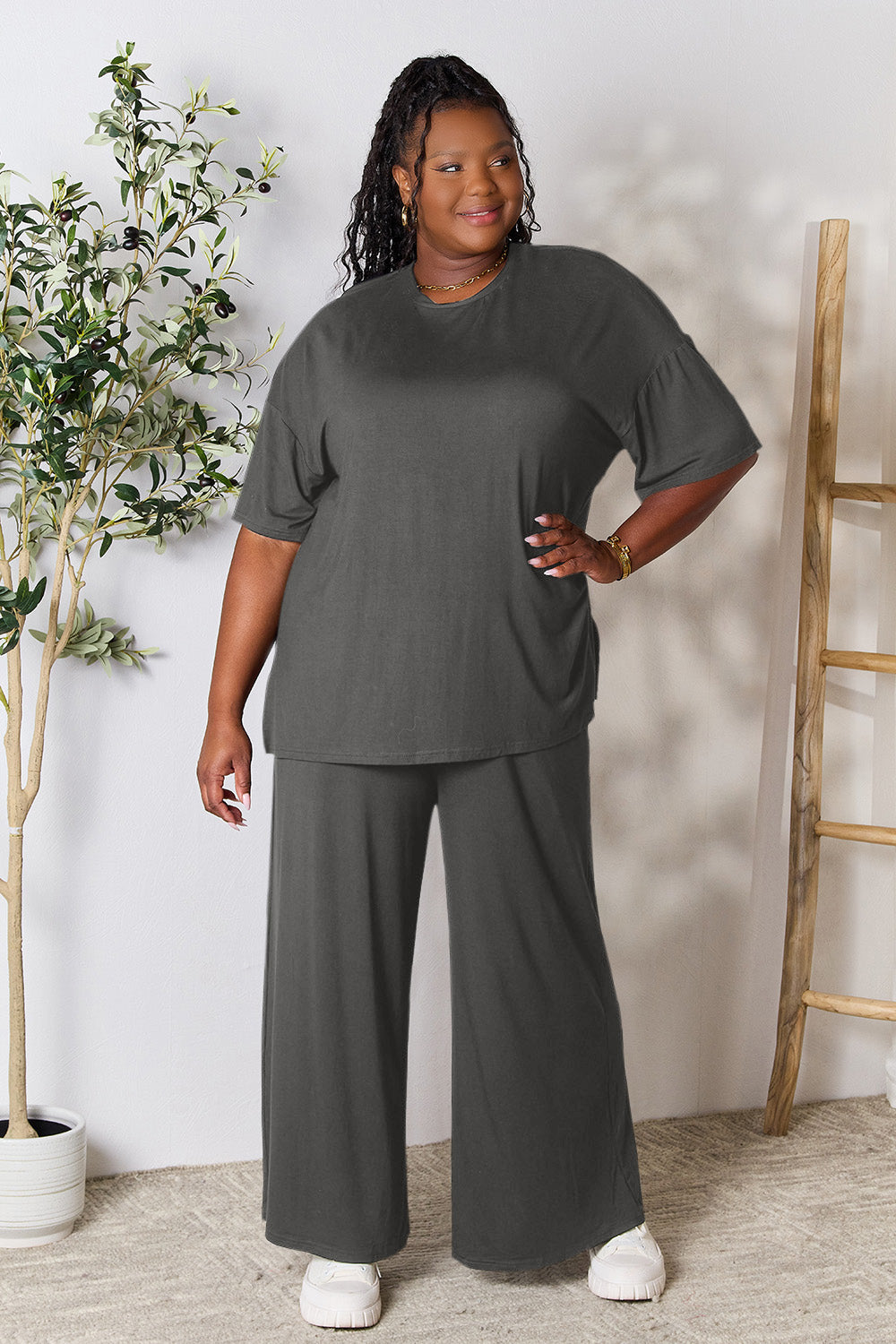 double take full size round neck slit top and pants set