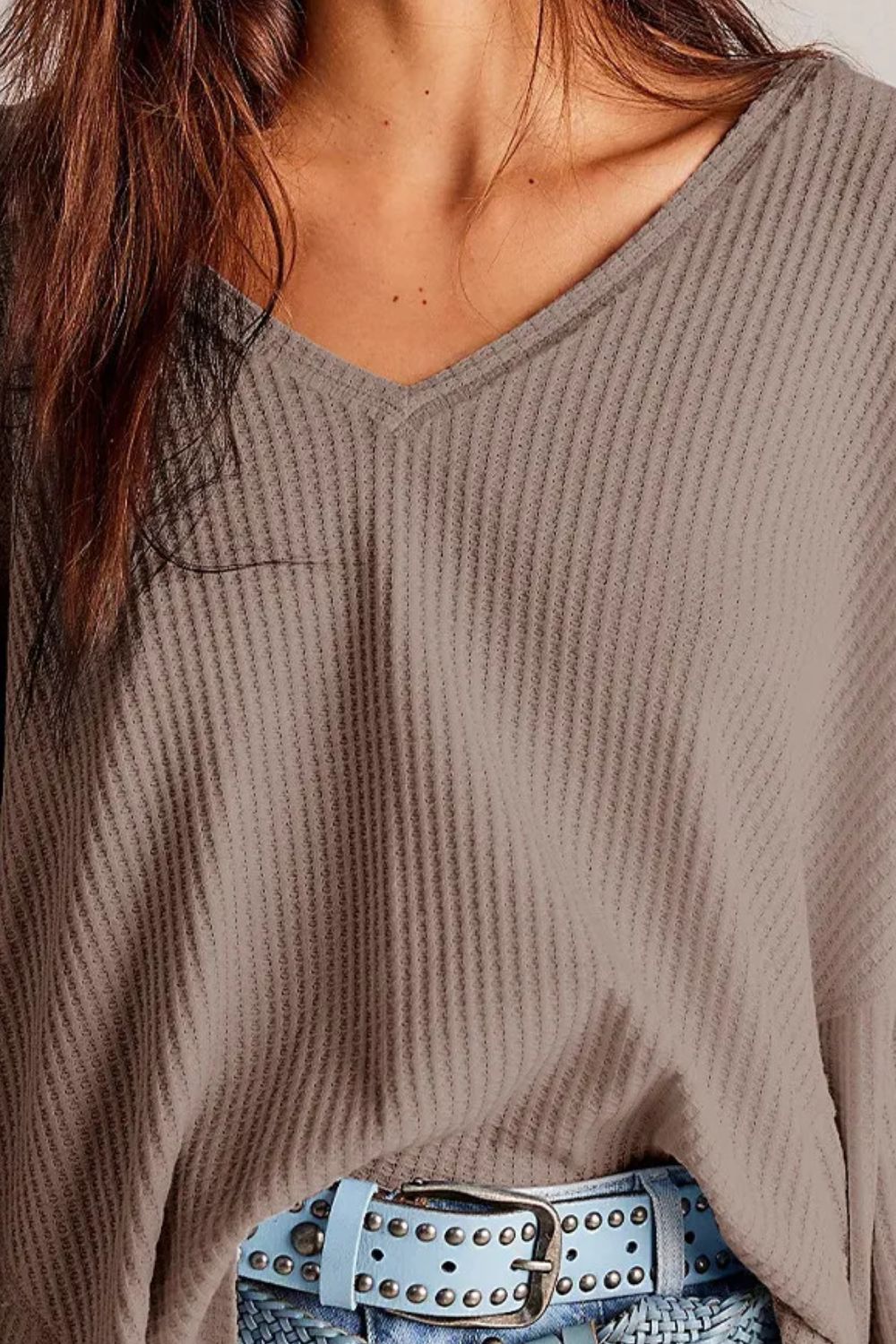 waffle-knit v-neck long sleeve top