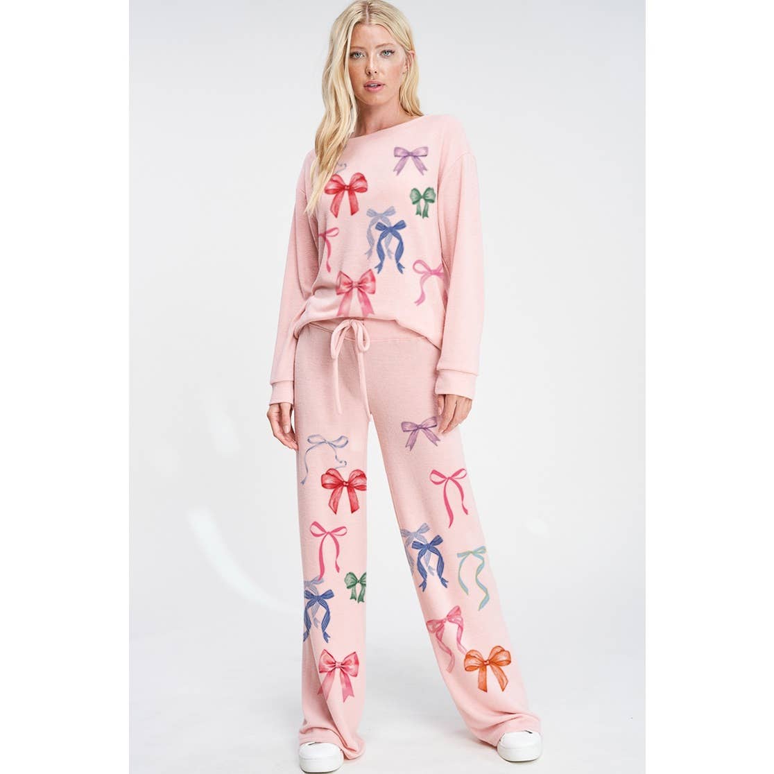 colorful bow allover print soft loungewear set