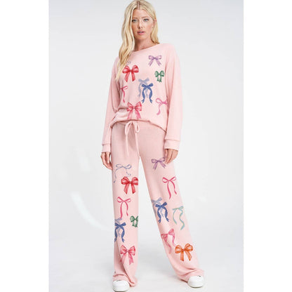 Colorful bow allover print soft loungewear set