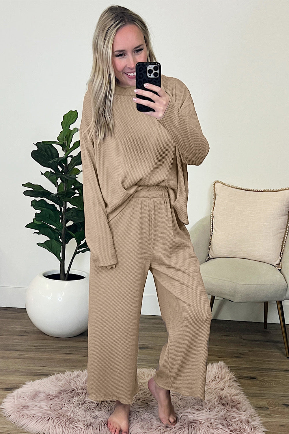 smoke gray loose textured pullover and pants outfit