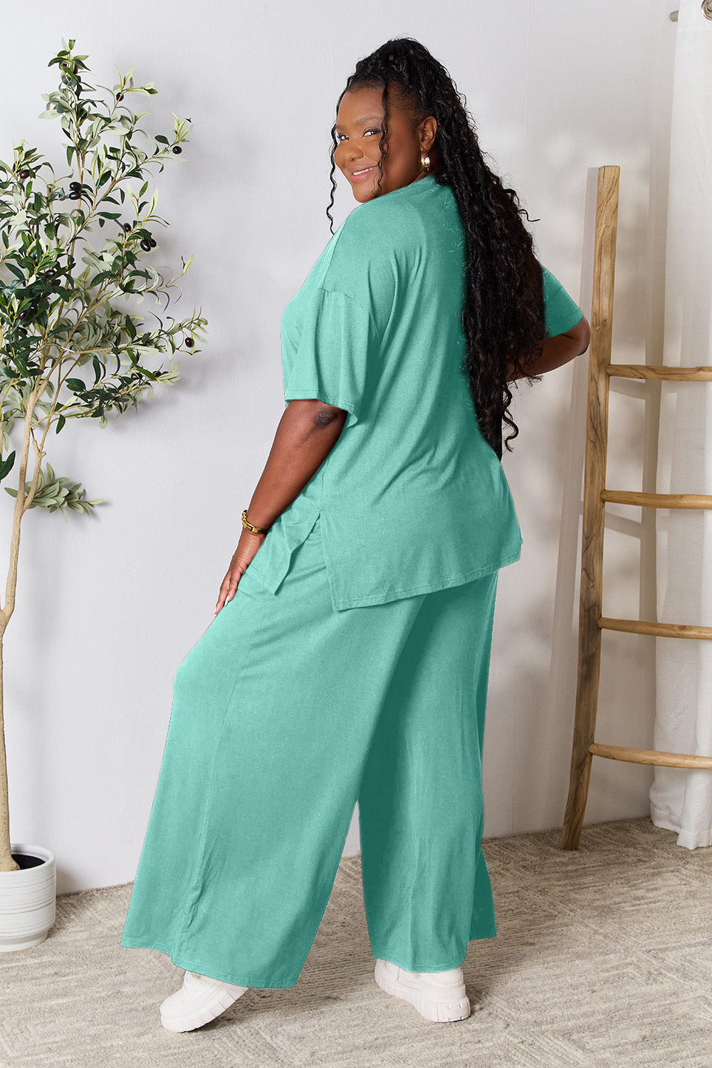 double take full size round neck slit top and pants set
