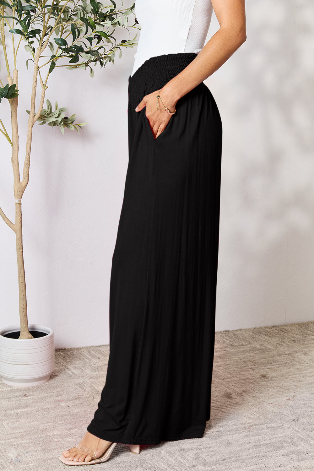 double take full size smocked wide waistband wide leg pants