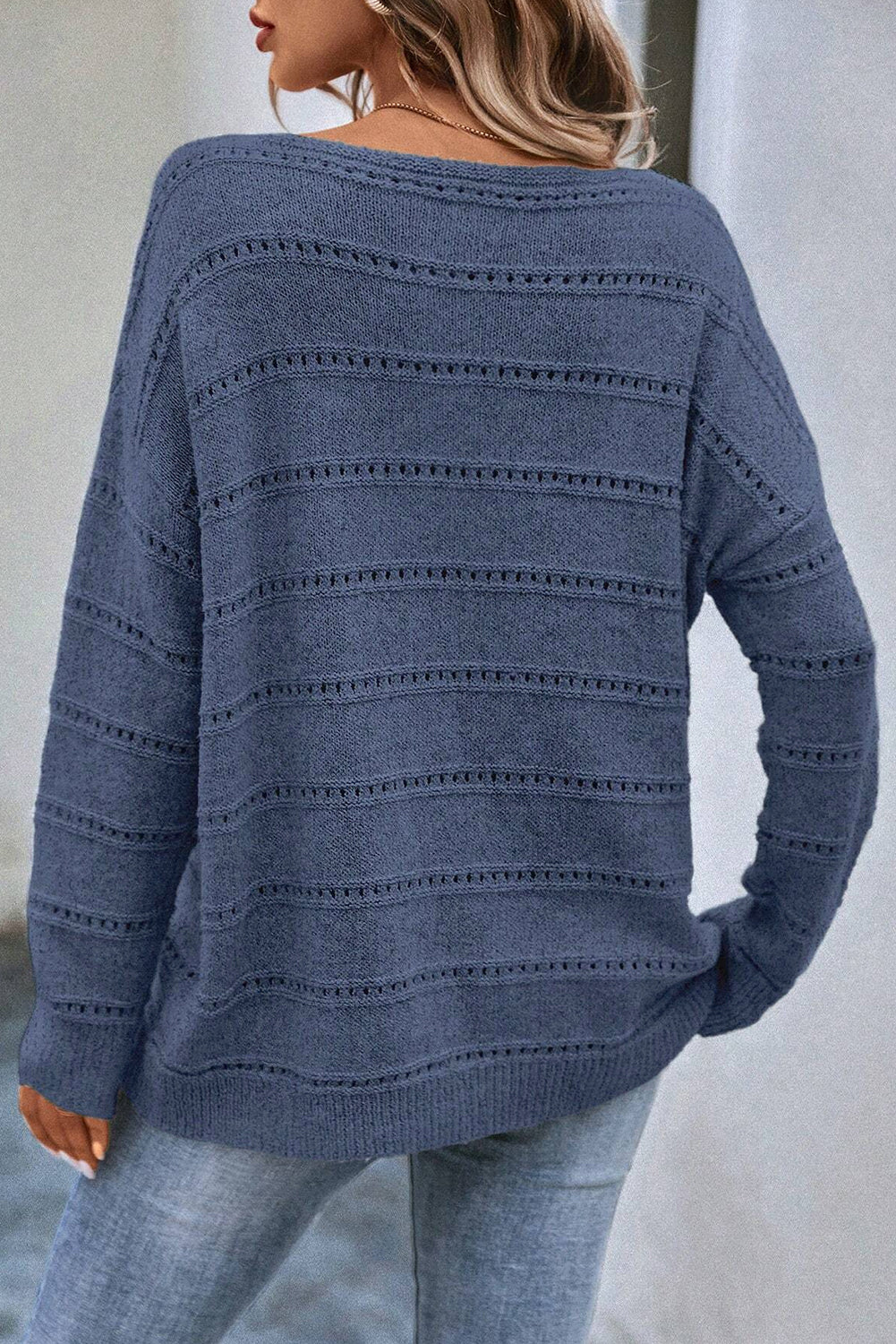real teal boat neck drop shoulder pointelle knit sweater