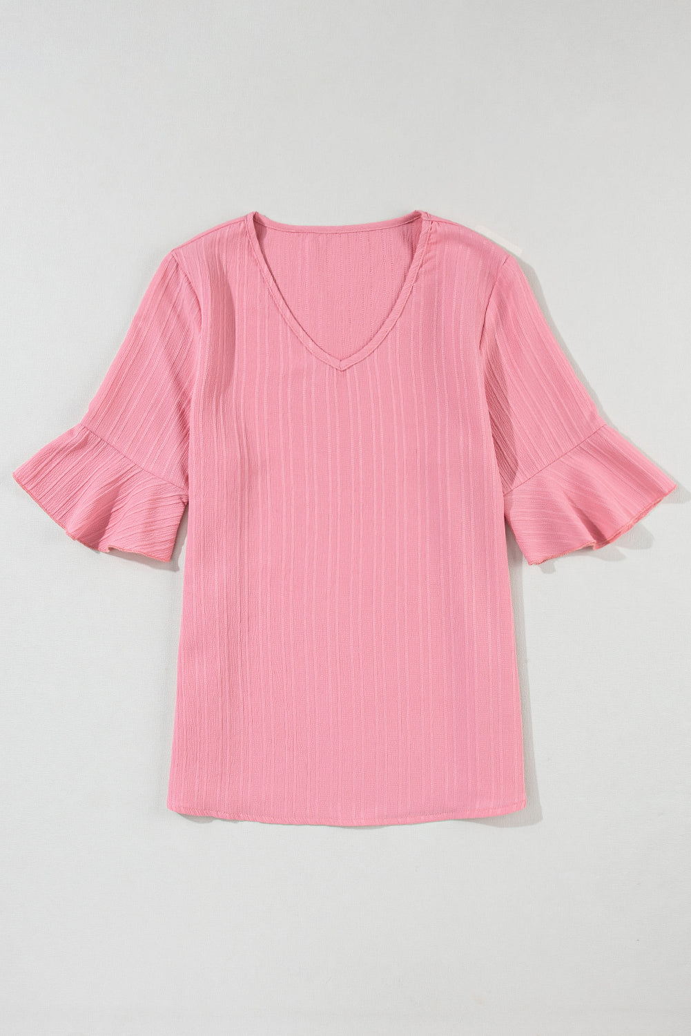 peach blossom ruffled half sleeve v neck textured top