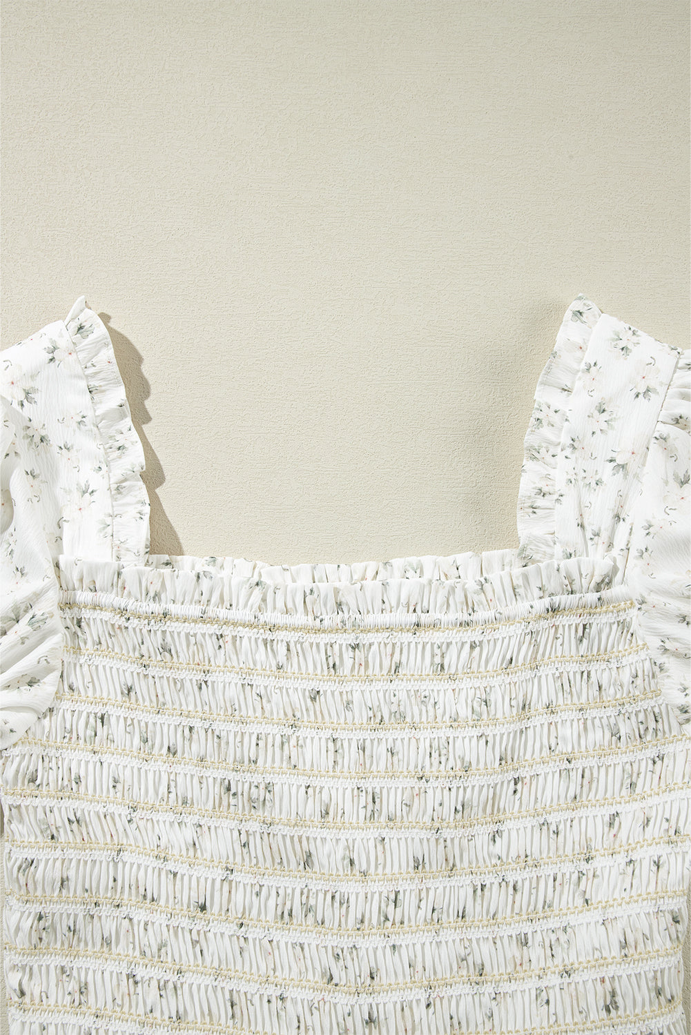 white boho floral smocked wide leg short puff sleeve jumpsuit
