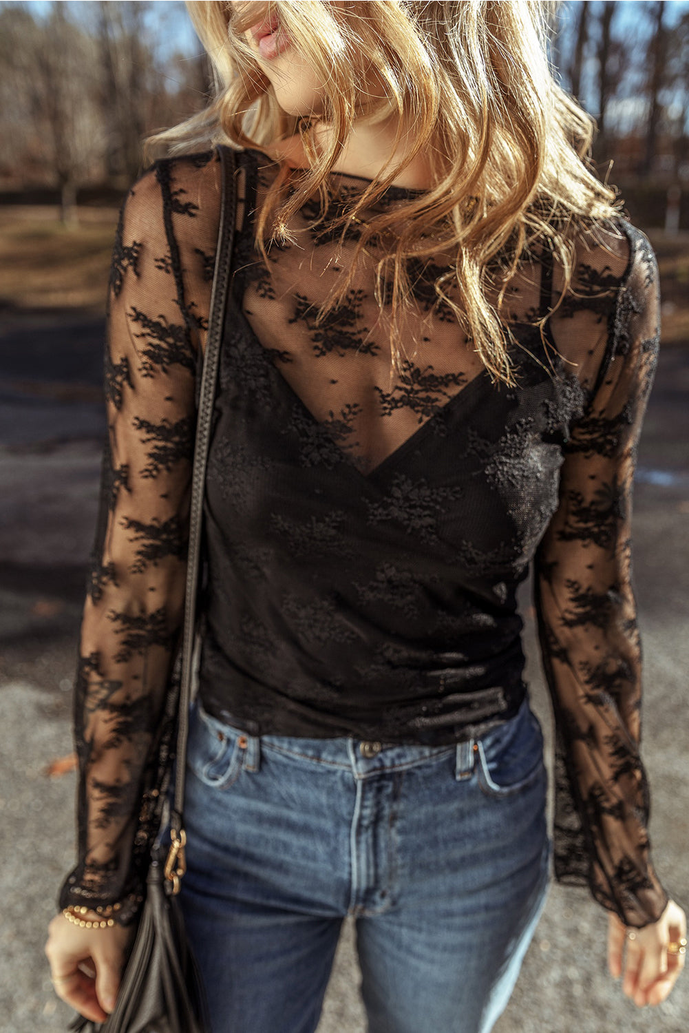 black lace mesh crochet splicing slim fit long sleeve blouse