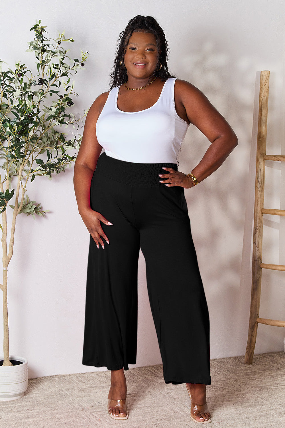 double take full size smocked wide waistband wide leg pants