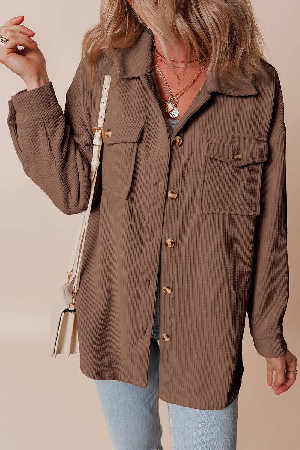chestnut corduroy flap pocket button up shacket