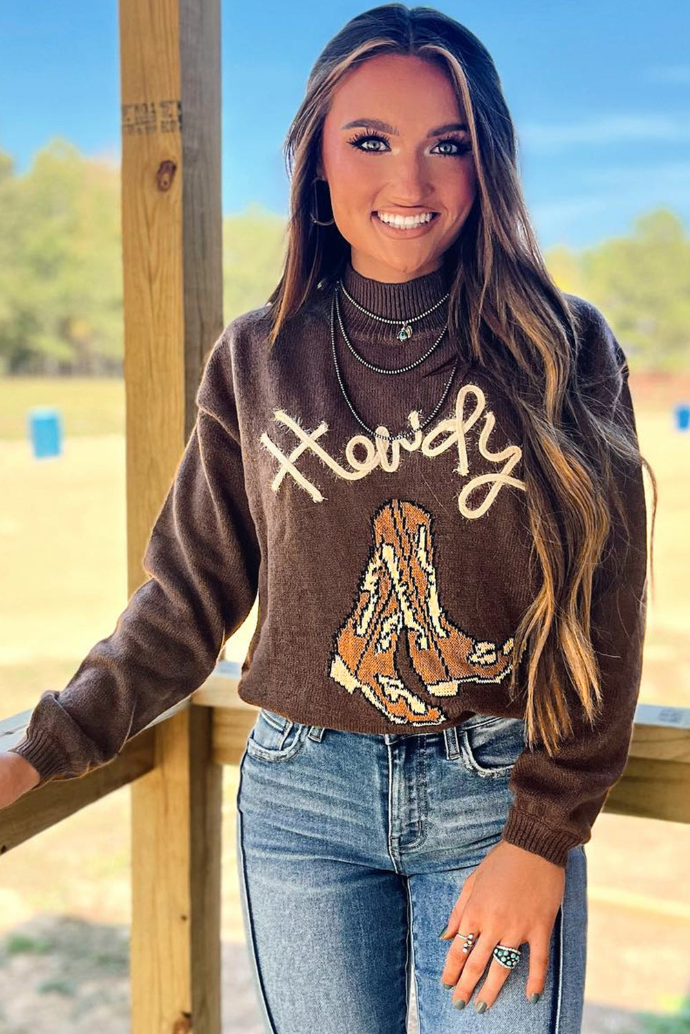 coffee western howdy boot graphic high neck sweater