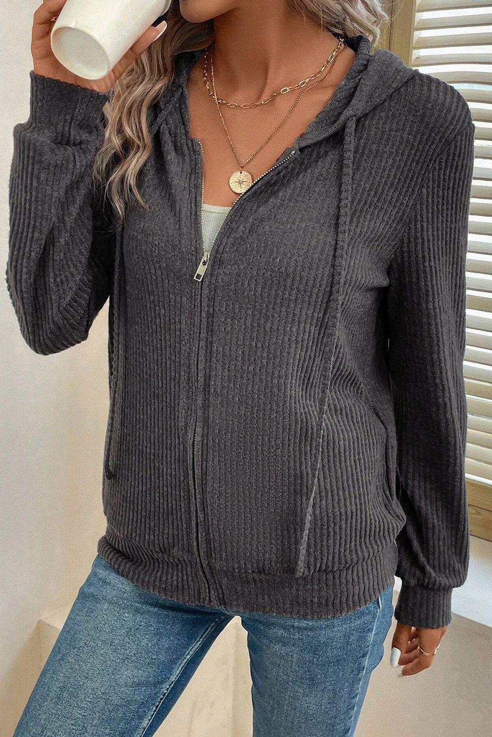 dark grey ribbed zip up front drawstring hoodie