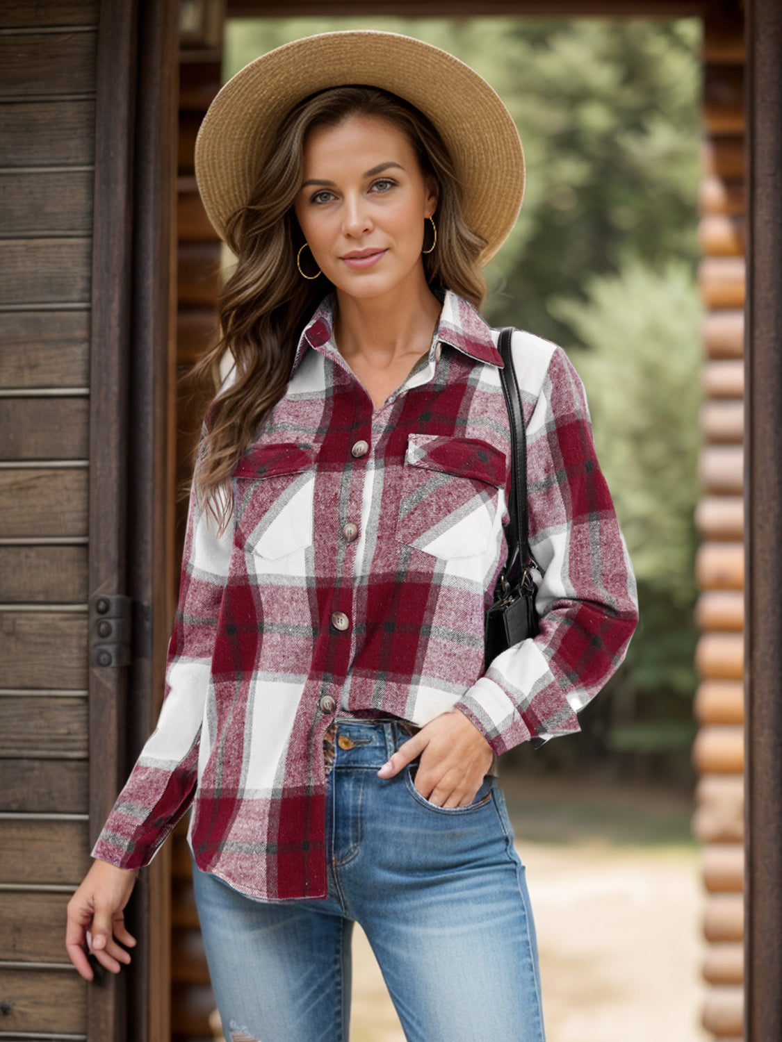 full size pocketed plaid collared neck shacket