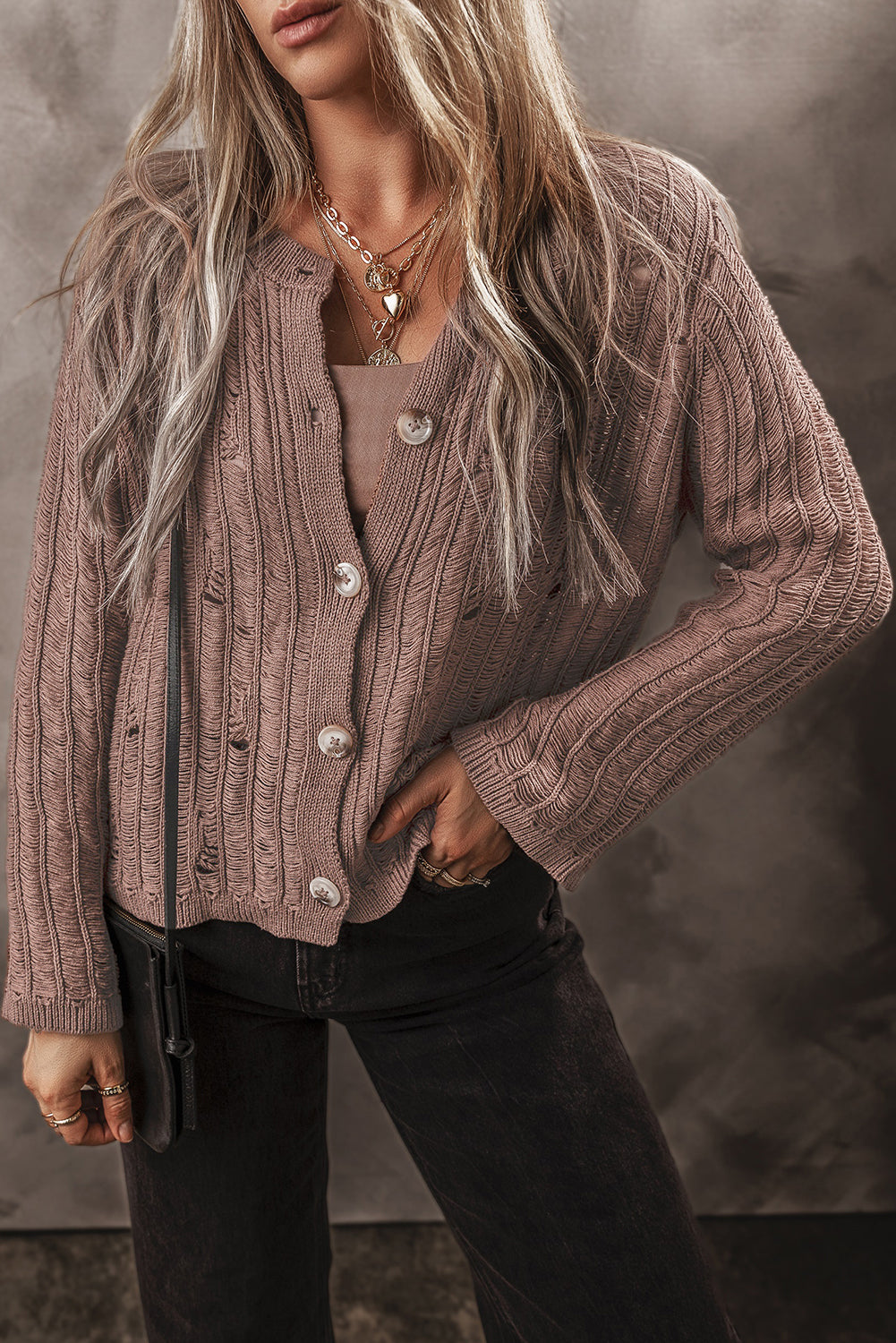 goat cut out textured knit buttoned cardigan